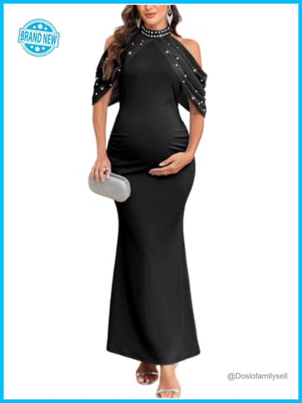 Maternity Mermaid Maxi Dress Pearl Rhinestone Halter Cold Shoulder Formal Baby
